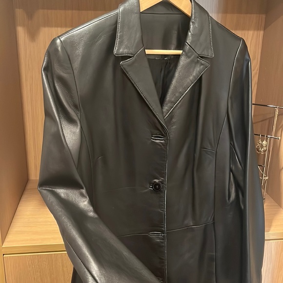 90s Y2K Black leather jacket trench - Picture 2 of 4